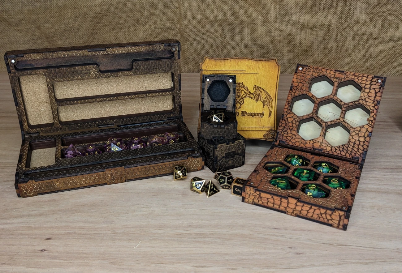 Handcrafted wooden dice boxes for tabletop RPGs, featuring dragon-scale designs and storage for dice and miniatures.