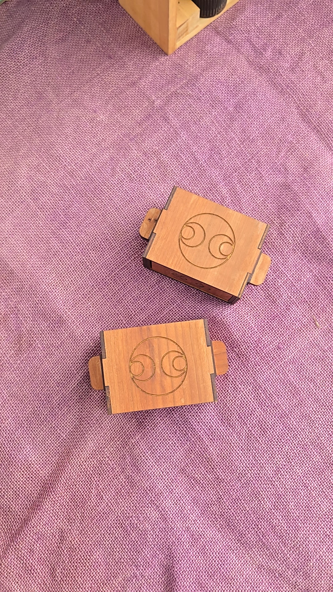 Fantasy-style wooden mimic puzzle boxes, handcrafted and full of character