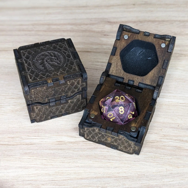 Single D20 wooden dice box that can also be used as a small wedding ring box or keepsake box