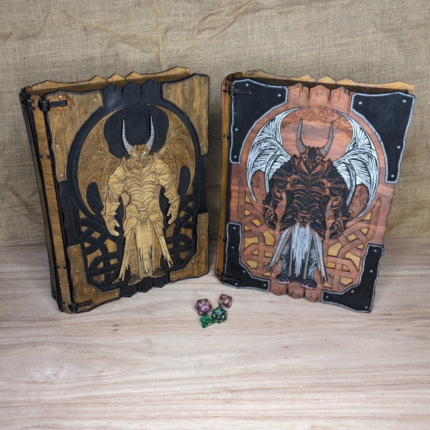 Wooden fantasy book box with dragon engraving, open to reveal patterned fabric lining, tabletop RPG storage giftBox